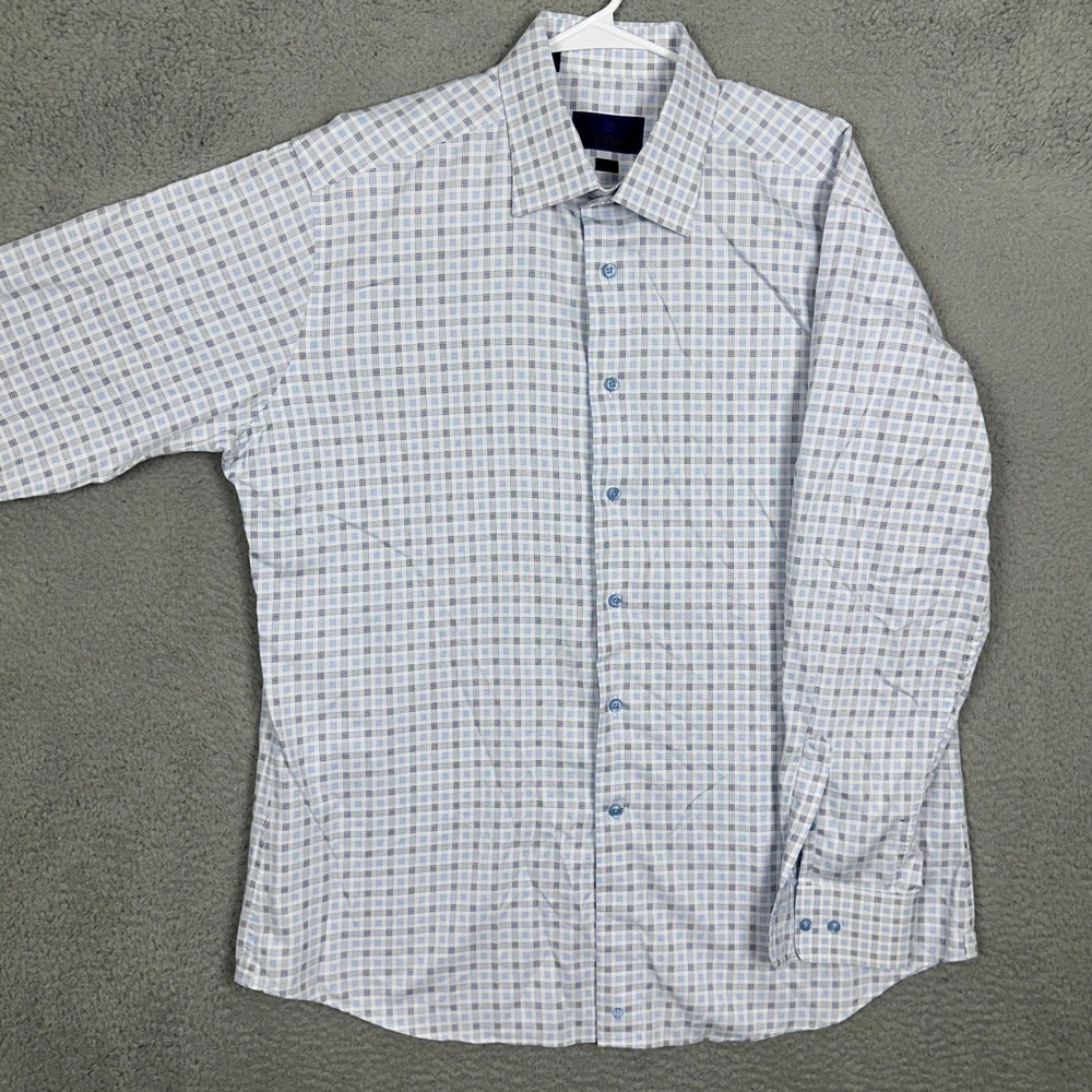 David Donahue Dress Shirt Mens 17.5 34-35 Trim Blue White Grid Check Button Up